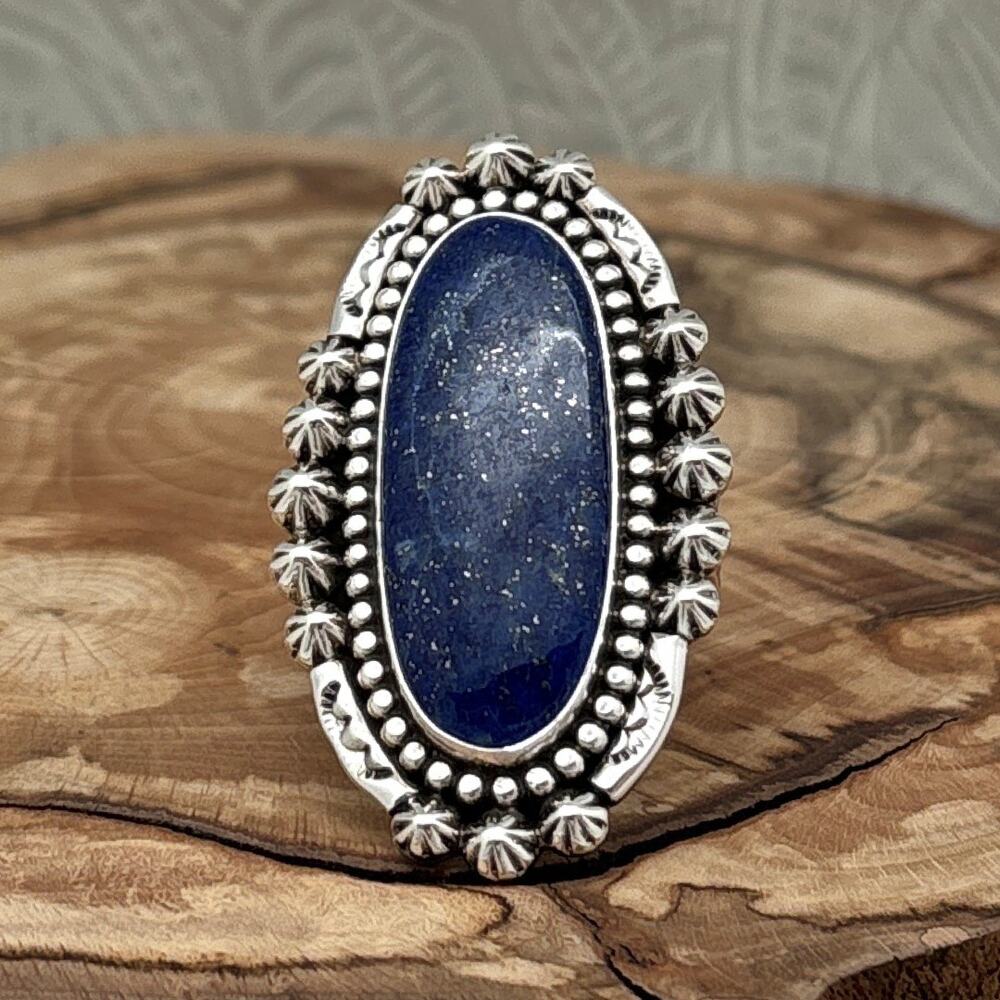 AARON TALLIS Navajo Sterling Silver Lapis Lazuli Statement Ring Rosettes Adjust
